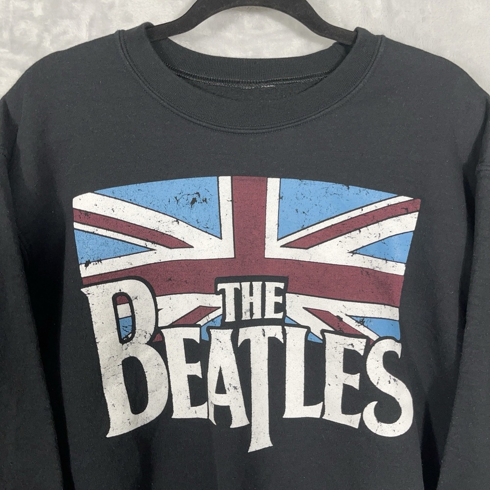 The Beatles Womens Crop Sweatshirt M Black Graphic‎ UK Flag Pullover Grunge